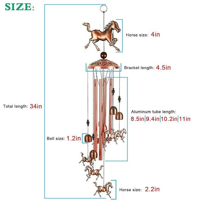 Horse Wind Chime Bell (Free Wood Wall Hook)